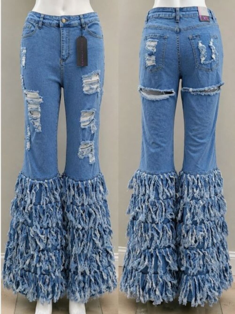 NWT PURPLE CANDY Frayed Flare Bell Bottom Fringe Y2K Boho Blue Denim Jeans Sz XL